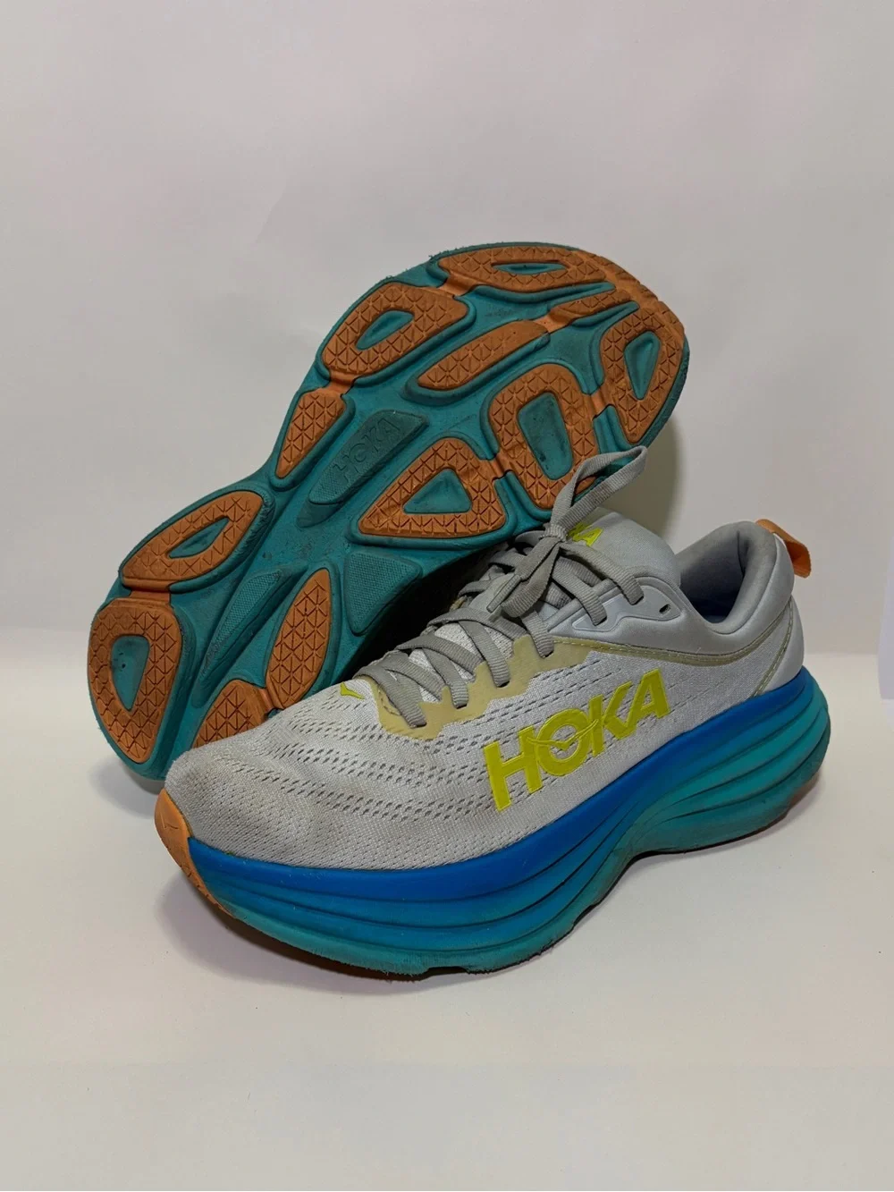 HOKA Bondi 8 Men’s Size 9 Gray Blue Lime Running/Walking Athletic Shoes